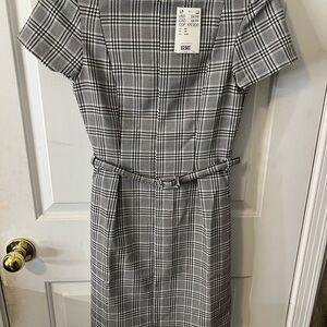 H&M Black and White Plaid Midi Dress with Slim Belt